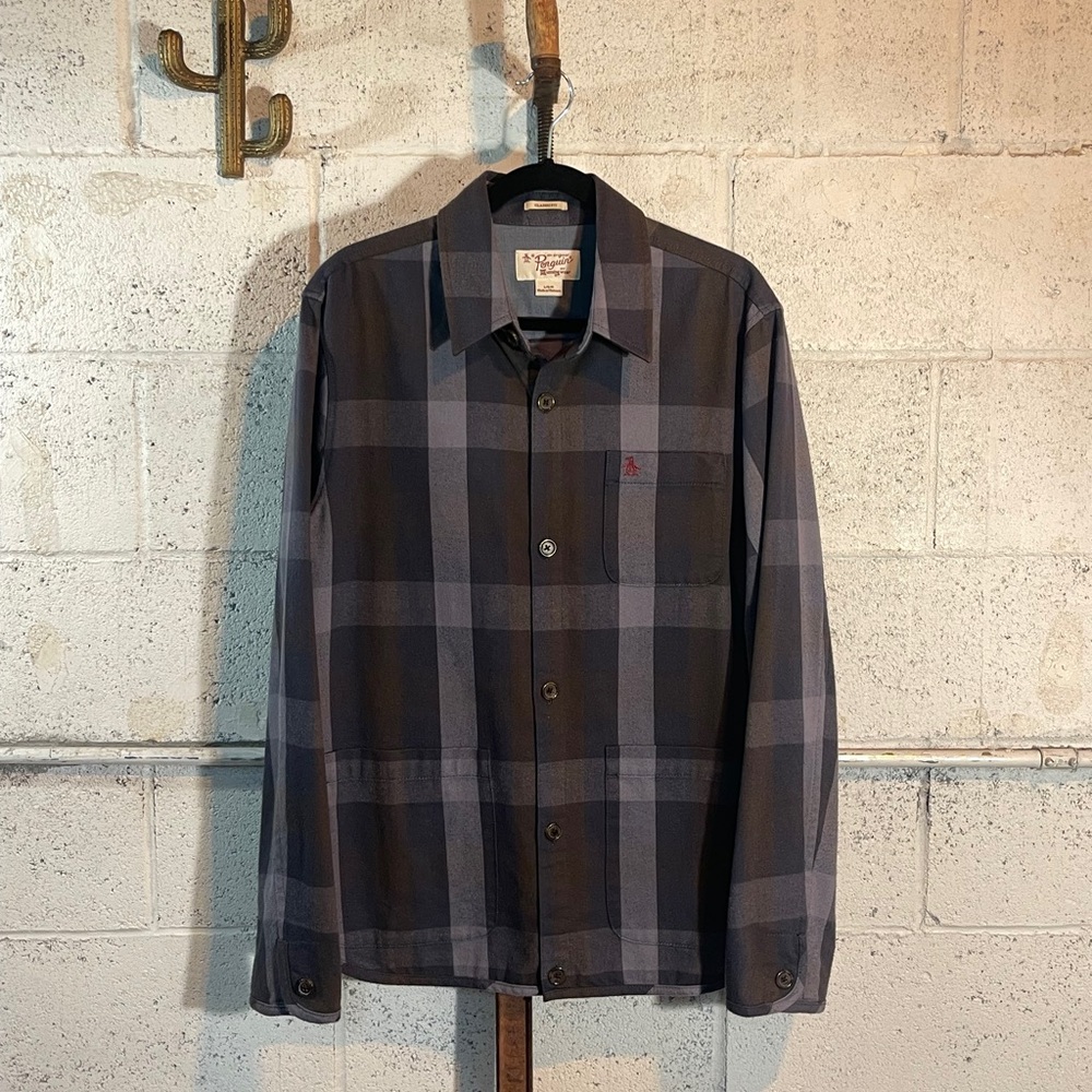 PENGUIN Men's Black and Gray Plaid Button-Up Work Shirt.
